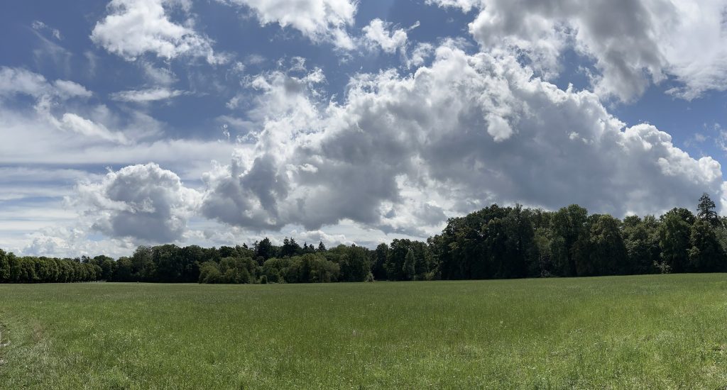 Modellbahn Hintergrund Landschaft mit Wiese Wald und Wolken