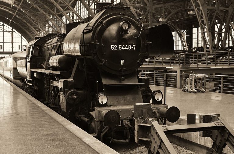 Leipzig Hauptbahnhof central station. Historic steam engine 52 5448 7 768x505